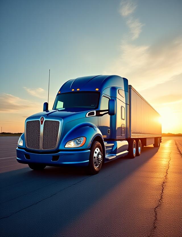 A gleaming modern semi-truck at sunrise